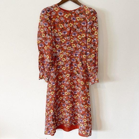 Yumi Kim So Amazing Rust Silk Floral Love Me Tender Dress Long Sleeves Pockets - Picture 4 of 14